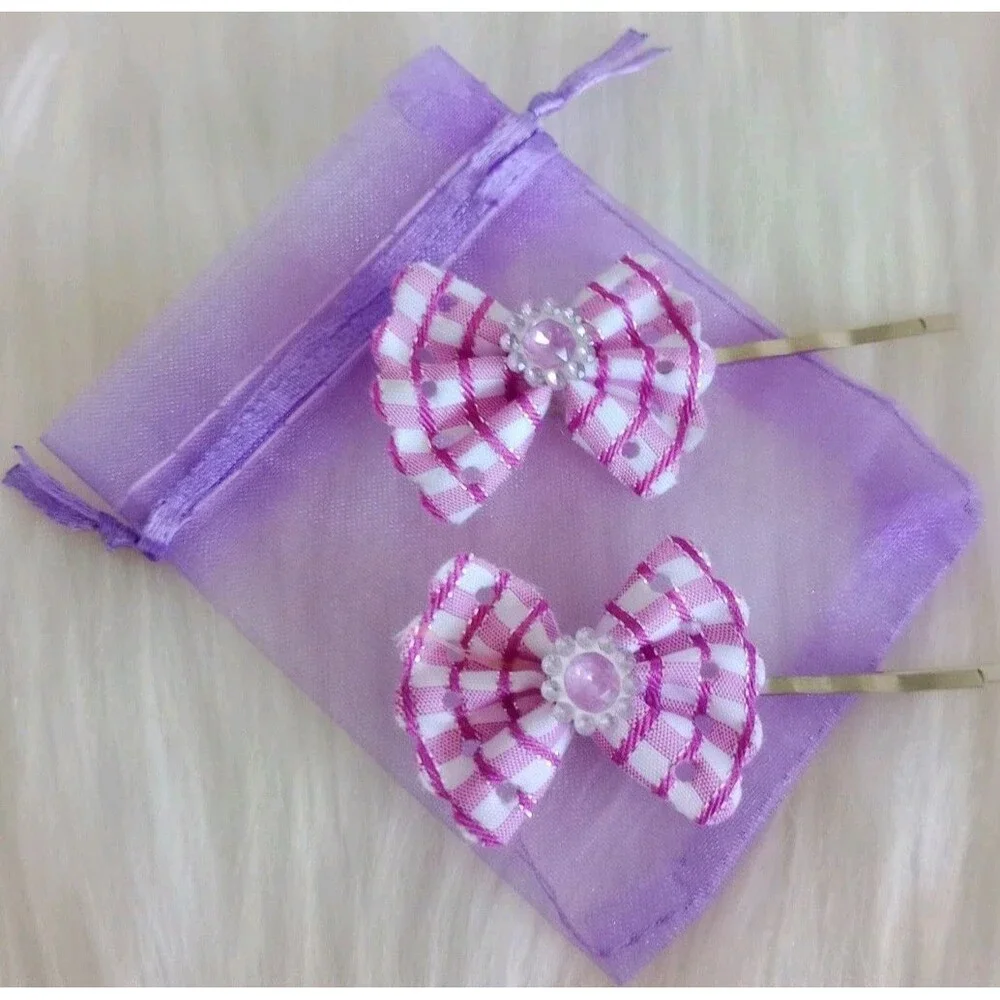 Girl's Set of 2 Handmade Purple Plaid Flower Hair Clips Girl's Accessories New